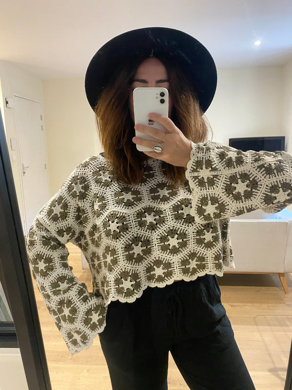 Top en crochet blanc & vert
