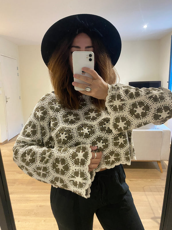 Top en crochet blanc & vert