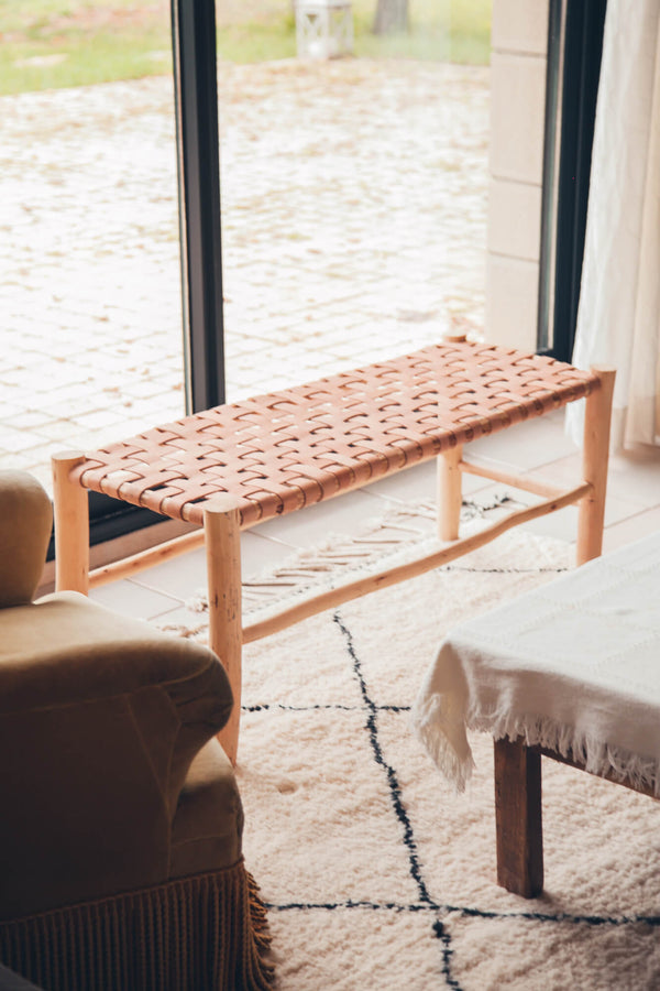 BANC ARTISANAL BOIS BRUT & CUIR BEIGE