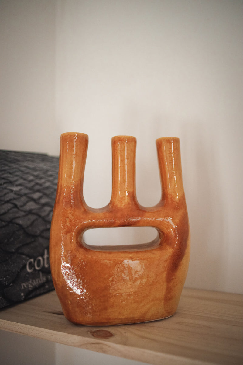 TRIPLE CARAMEL CERAMIC CANDLE HOLDER