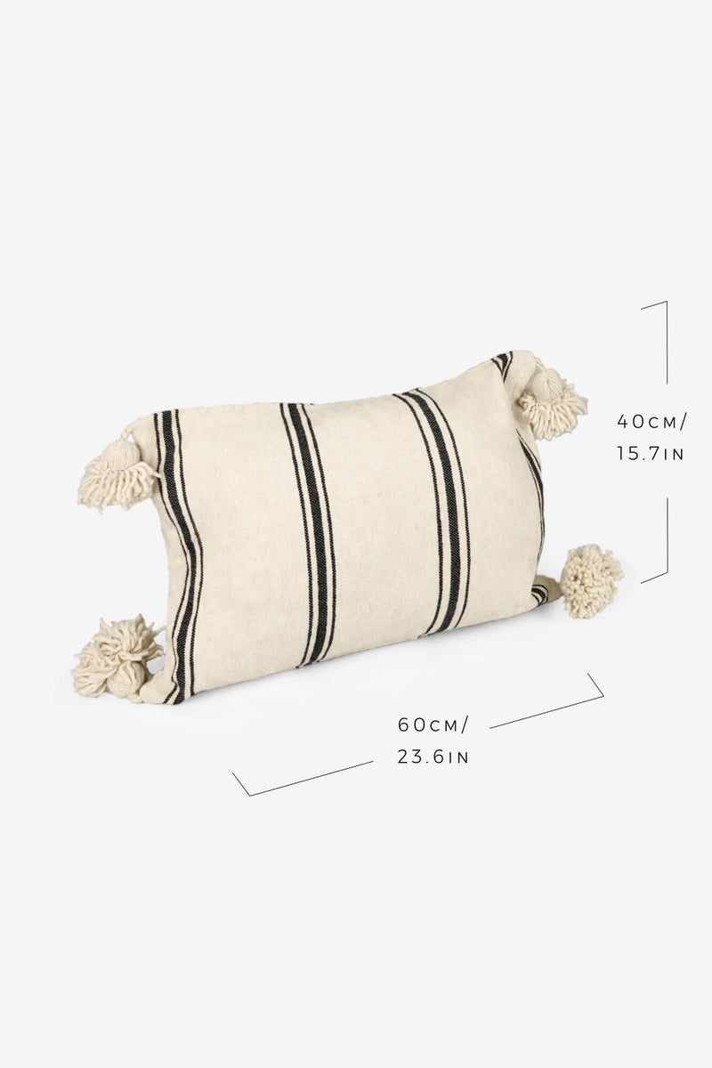 CUSHION COVER IN WHITE WOOL AND BLACK STRIPS FLAT WEAVING