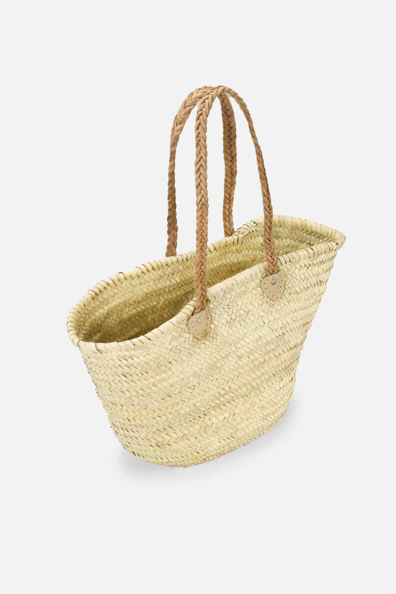 BEIGE LEATHER BRAIDED HANDLE TOTE BASKET
